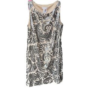 Cache Silver Sequins Sleeveless Cocktail Shift Dress Size Small